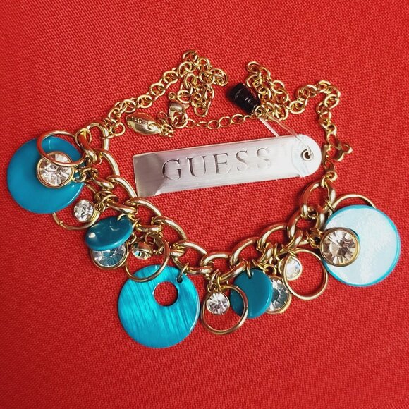 Guess Necklace Blue Teal Beads Gold Tone Clear Rhinestones - Picture 6 of 10